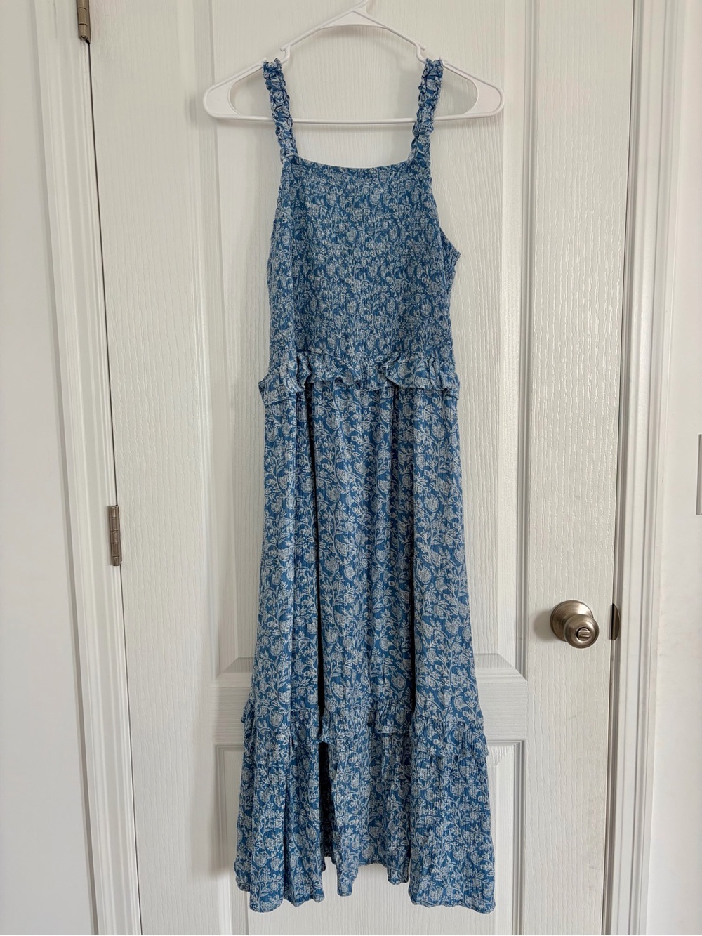 Blue Floral Maxi Dress with Ruffle Straps and Tiered Skirt
